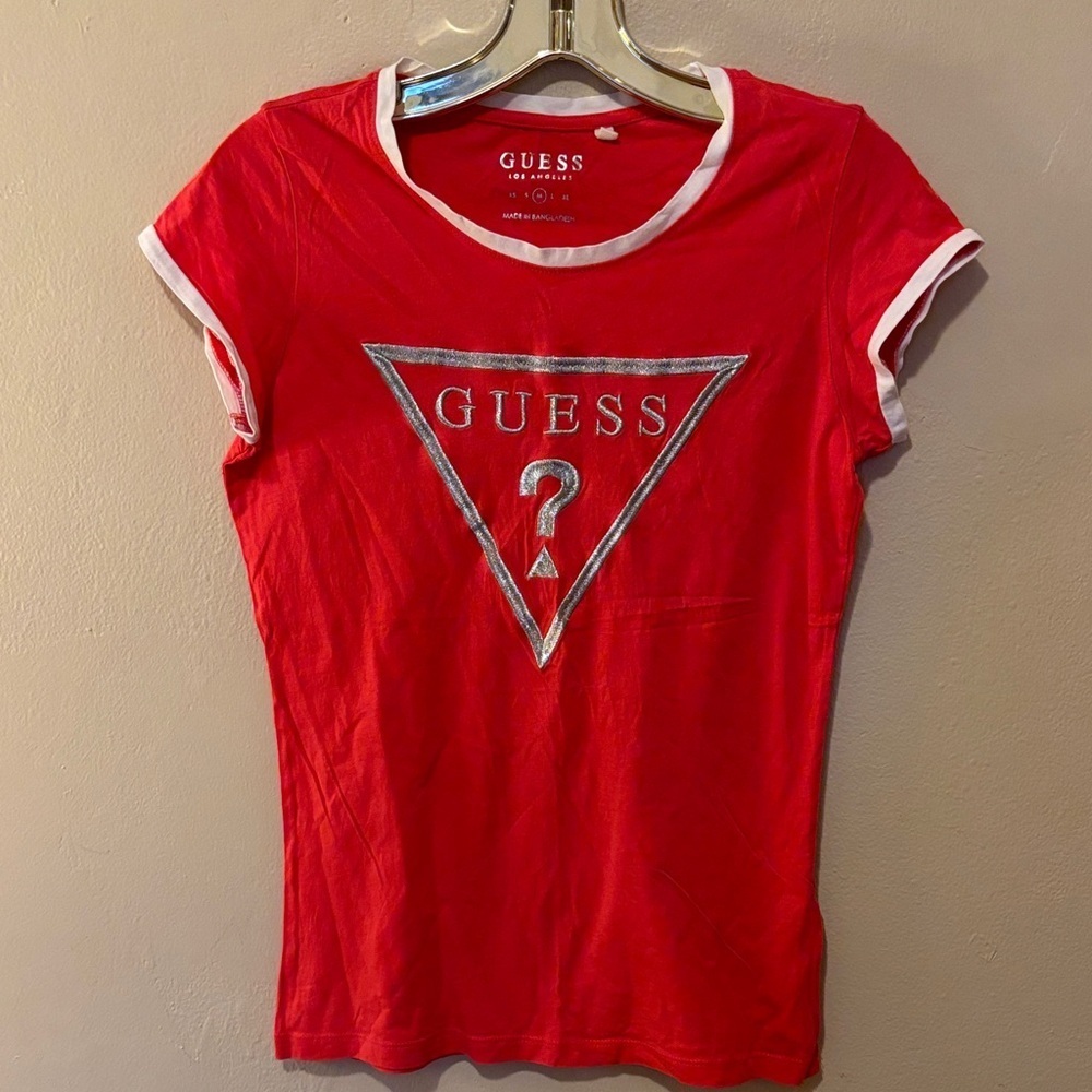 GUESS Red and White Logo Tee